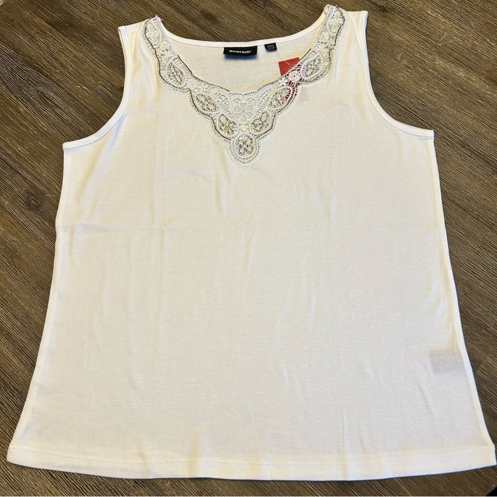 NWT Women's Avenue Plus Size Tank‎ 18/20 White Lace Top Shirt Scoop Neck Cotton